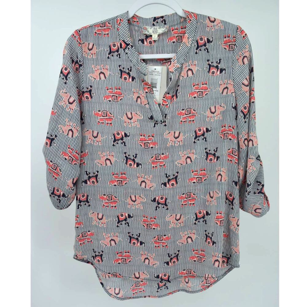 Pink Rose Striped Elephant Print 3/4 Sleeve Split Neck Blouse Womens S